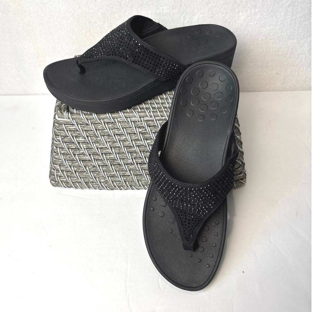 Vionic Black Rhinestone Thong Wedge Sandals